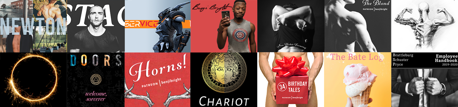 New Patreon Banner Jan 2021 Banner featuring the titles and covers of several stories.